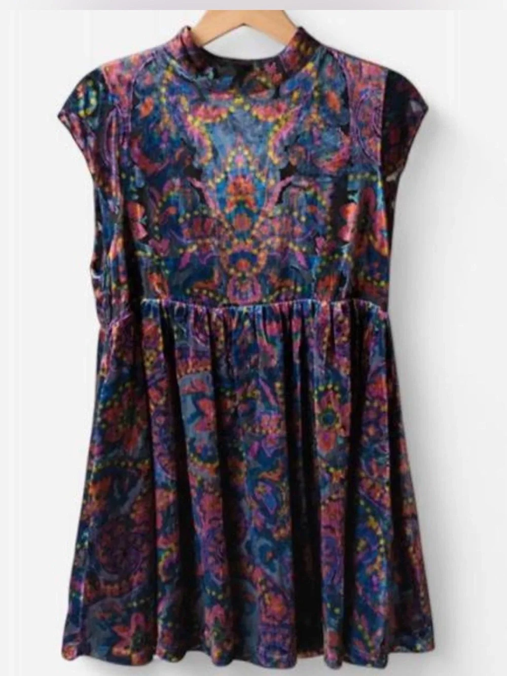 Free People All The Time Purple Paisley Mock-Neck Cap-Sleeve Mini Dress